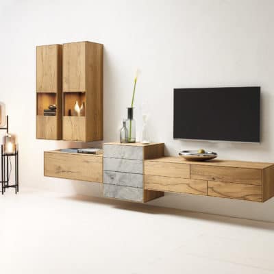 Sideboard Puro Stone in Asteiche gebürstet barrique geölt mit Fronten in Holz und Stein, Farbe Atlantis.